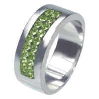 Anello d'argento con cristalli verde chiaro, misura 62 Anello in acciaio chirurgico argento con due linee di cristalli verde chiaro, misura 62