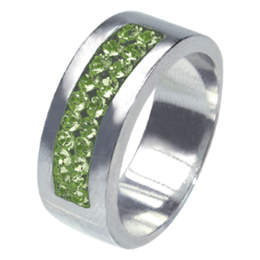 Anello d'argento con cristalli verde chiaro, misura 62 Anello in acciaio chirurgico argento con due linee di cristalli verde chiaro, misura 62