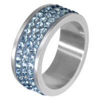 Anello di cristallo a 3 linee, azzurro, misura 60 Anello d'argento con 3 linee di cristalli azzurri su sfondo bianco