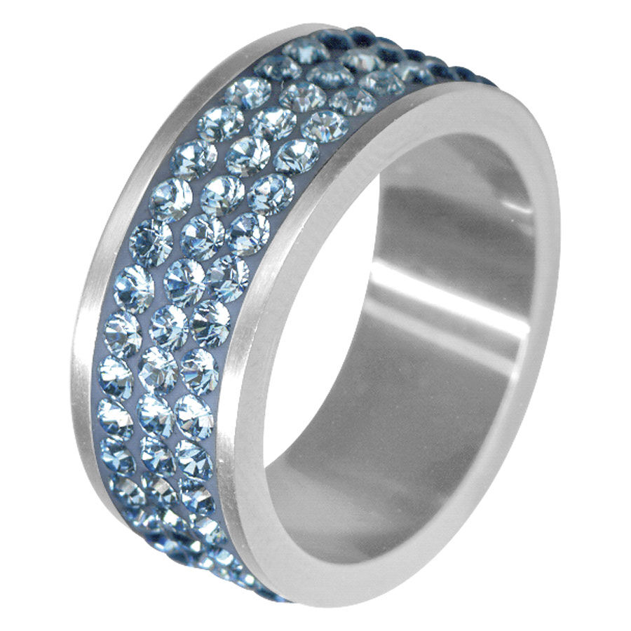 Anello di cristallo a 3 linee, azzurro, misura 60 Anello d'argento con 3 linee di cristalli azzurri su sfondo bianco