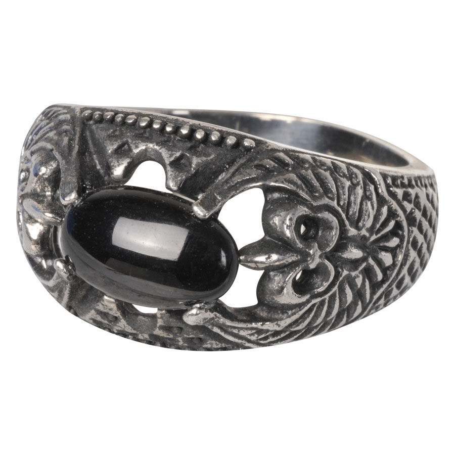 Anello d'argento in acciaio chirurgico con cristallo nero su sfondo grigio