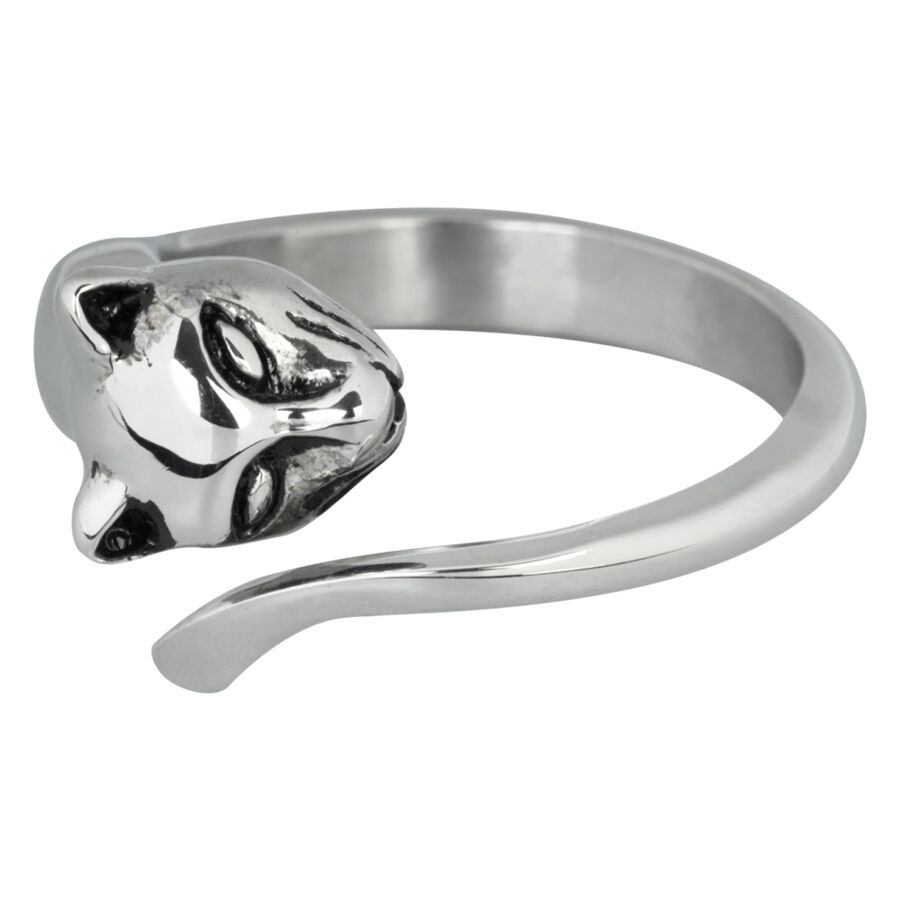 Anello da dito argento con design a testa di gatto, in acciaio chirurgico, su sfondo bianco