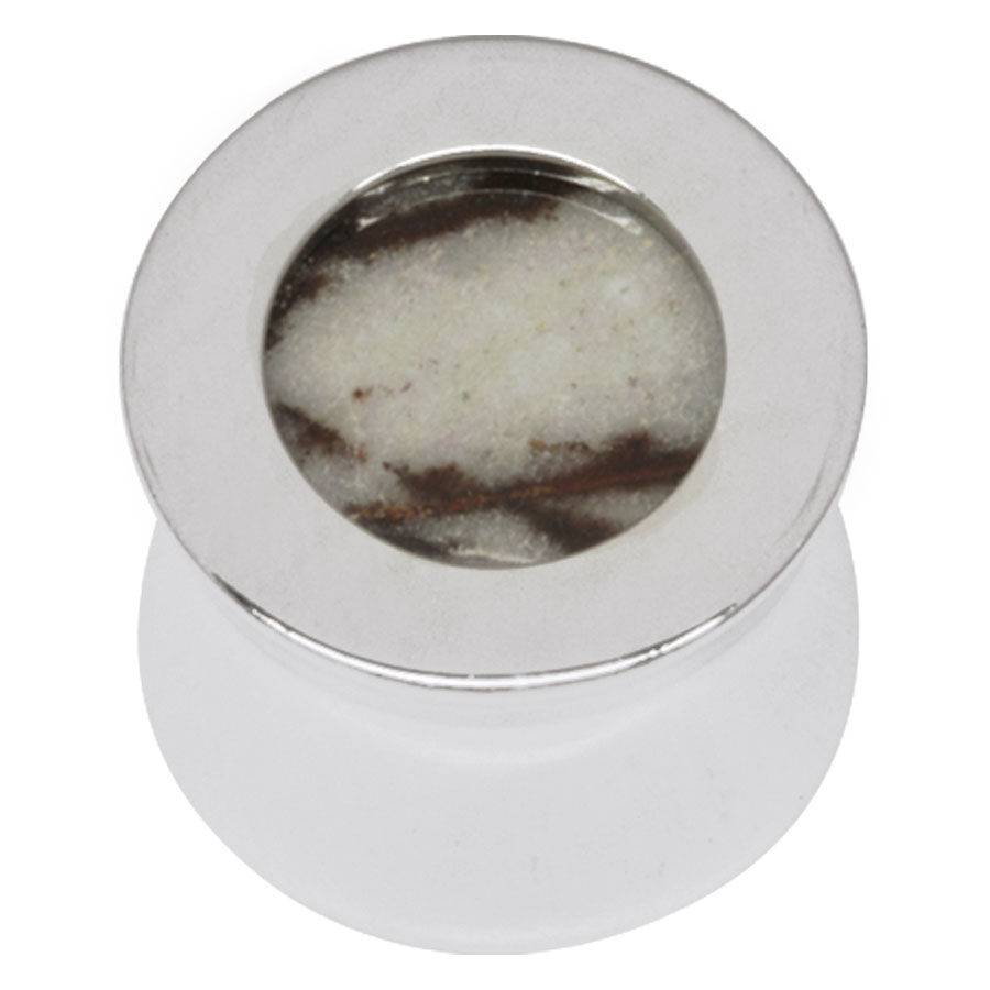 Plug in argento con intarsio di Outback Jasper Plug in argento con intarsio rotondo di Outback Jasper su sfondo bianco
