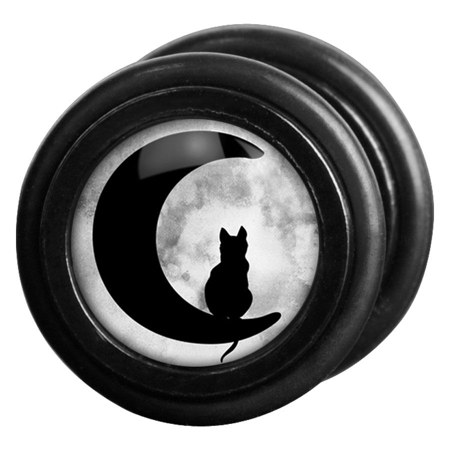 Finto plug nero in acciaio chirurgico con motivo di gatto su luna