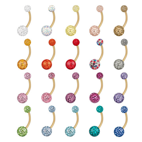 Verschiedene goldene Bananabells mit bunten Kristallen auf weißem Hintergrund