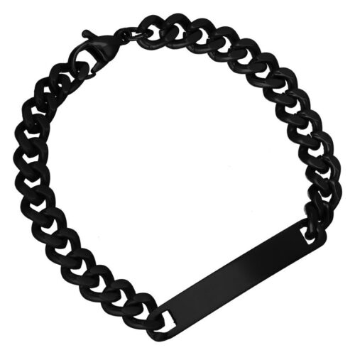 Bracciale nero con piastra personalizzabile in acciaio chirurgico, su sfondo bianco