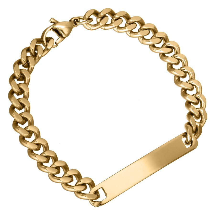 Bracciale dorato in acciaio chirurgico 316L con piastra per incisioni su sfondo bianco