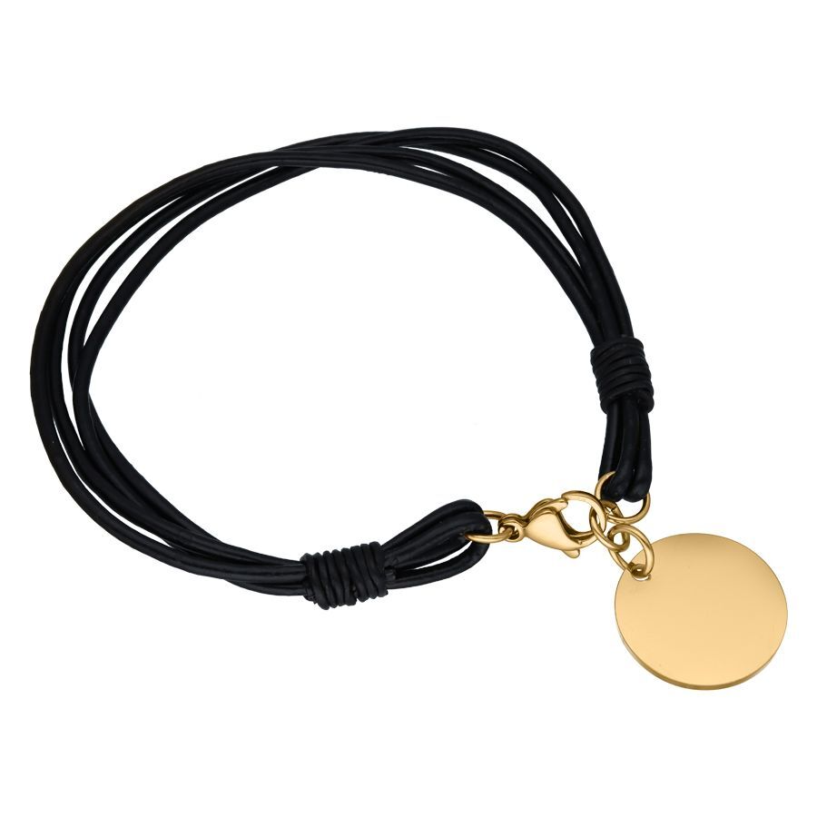 Bracciale nero in acciaio chirurgico 316L con ciondolo dorato su sfondo bianco
