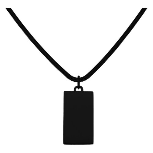 Collana nera in acciaio chirurgico con ciondolo rettangolare su sfondo bianco