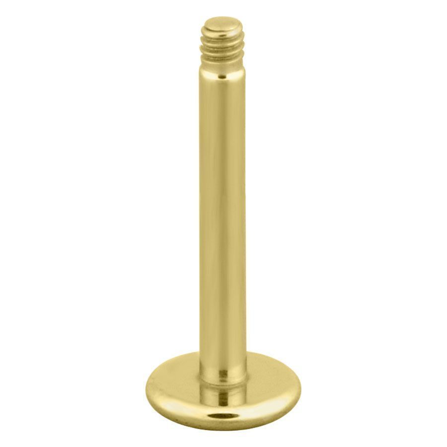 Barra labret in titanio dorato con filettatura esterna su sfondo bianco