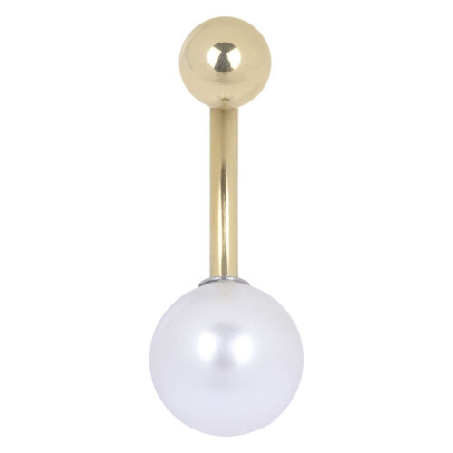 Bananabell dorato in titanio con sfera di perla bianca su sfondo bianco
