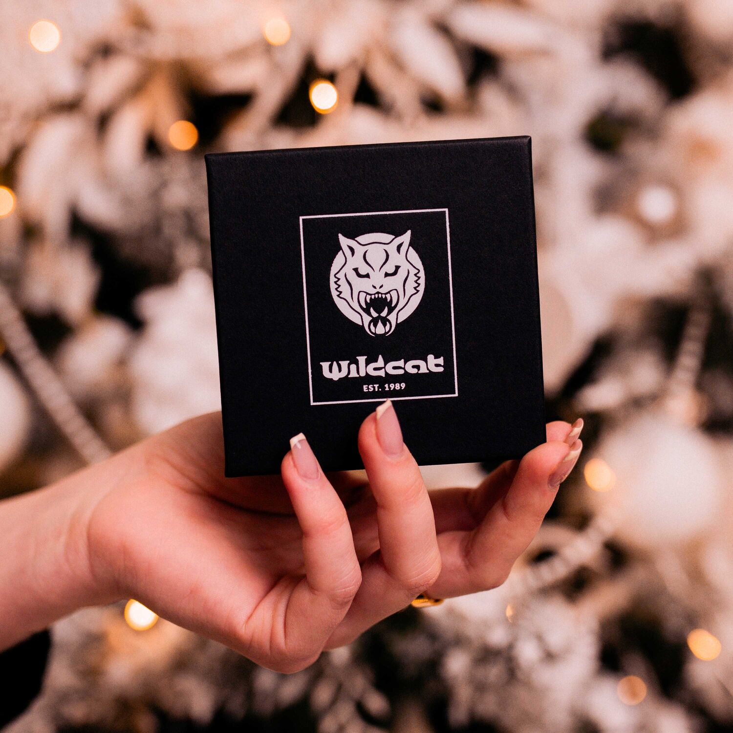 Scatola regalo nera di Wildcat con collana di opale e orecchini a cerchio in argento, tenuta da una mano su sfondo sfocato