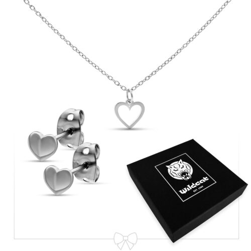 Collana con ciondolo a cuore e orecchini in argento su sfondo bianco con scatola regalo Wildcat nera
