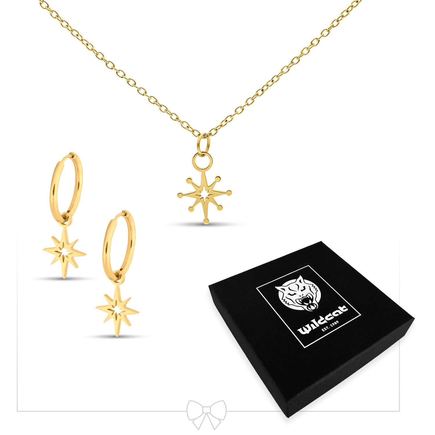 Collana dorata con ciondolo Stella Polare e orecchini abbinati su sfondo bianco