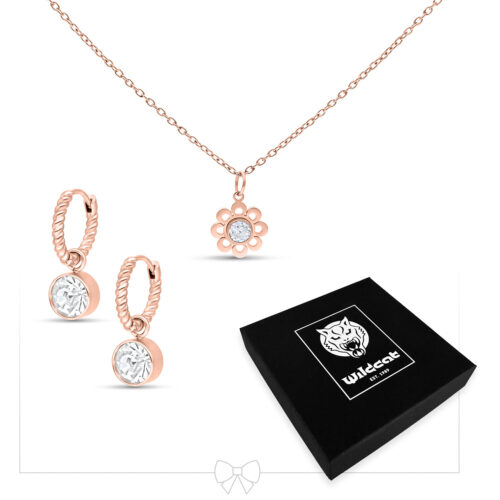Set di collana e orecchini in oro rosa con pendente di cristallo su sfondo bianco