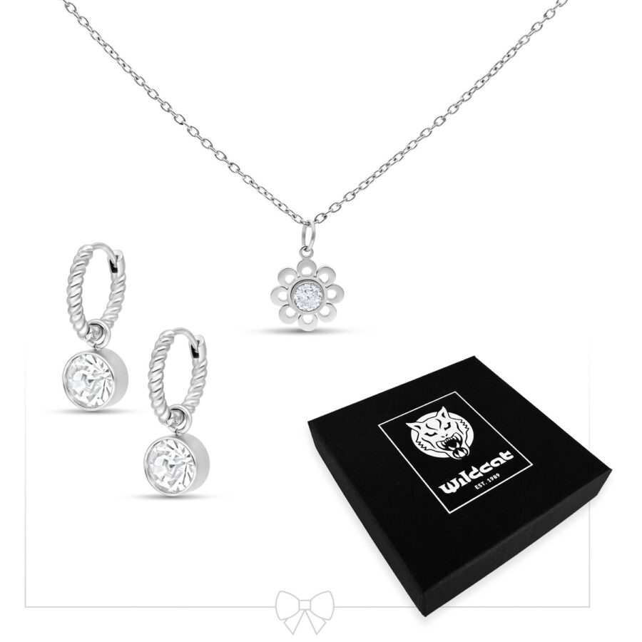 Collana d'argento con ciondolo a forma di fiore e orecchini abbinati su sfondo bianco