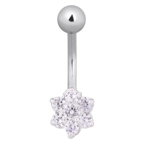 Piercing all'ombelico in argento con fiore di cristallo su sfondo bianco