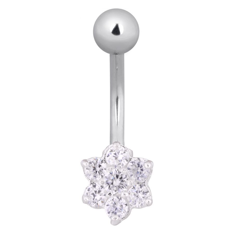 Piercing all'ombelico in argento con fiore di cristallo su sfondo bianco