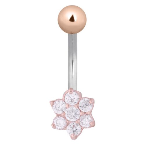 Piercing ombelico in oro rosa, forma di fiore con cristalli chiari