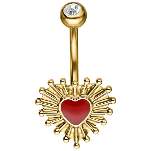 Bananabell dorato con design a cuore rosso e cristallo su sfondo bianco
