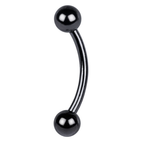 Banana Bell Piercing nero in titanio con due sfere su sfondo bianco