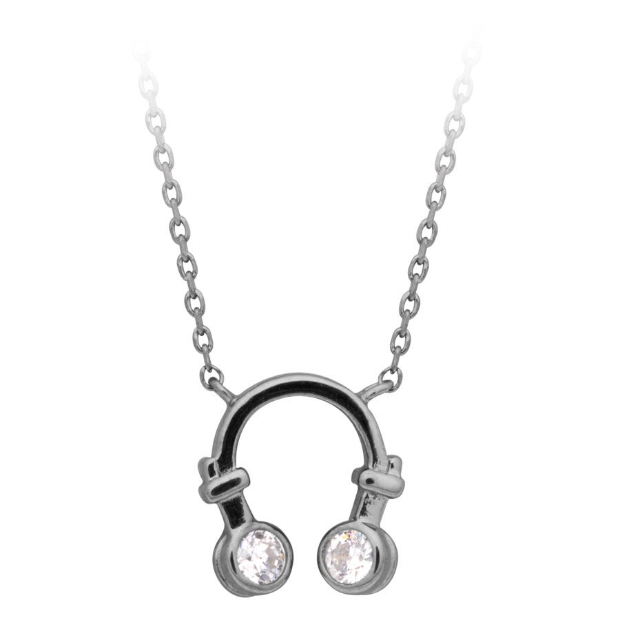 Collana d'argento con ciondolo a forma di cuffie e cristalli chiari
