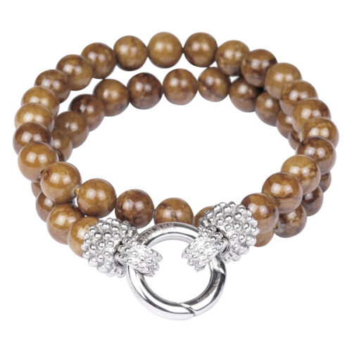 Doppio bracciale di perle tigre marrone con chiusura in argento