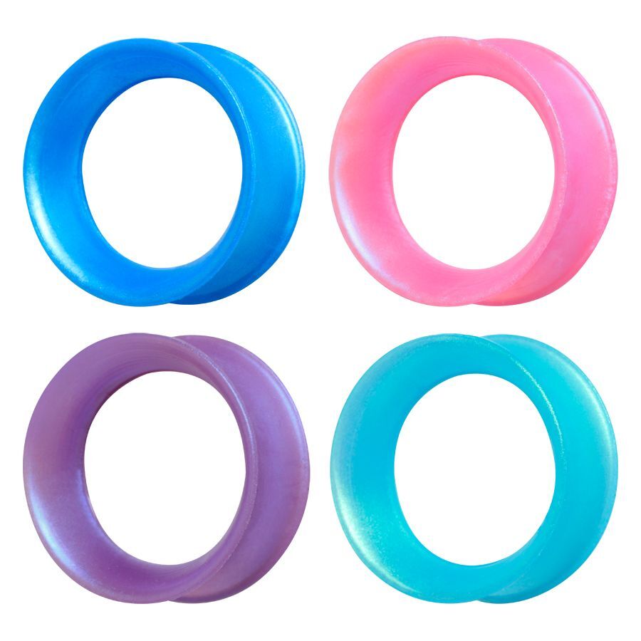 Quattro Tunnels Kaos Softwear in silicone in blu, rosa, viola e turchese su sfondo bianco