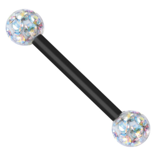 Barbell nero con due sfere di cristallo Aurora Boreale su sfondo bianco