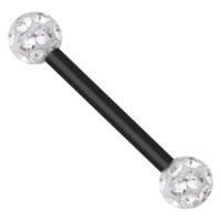 Piercing nero con sfere di cristallo Barra nera con due sfere incastonate di cristallo su sfondo bianco