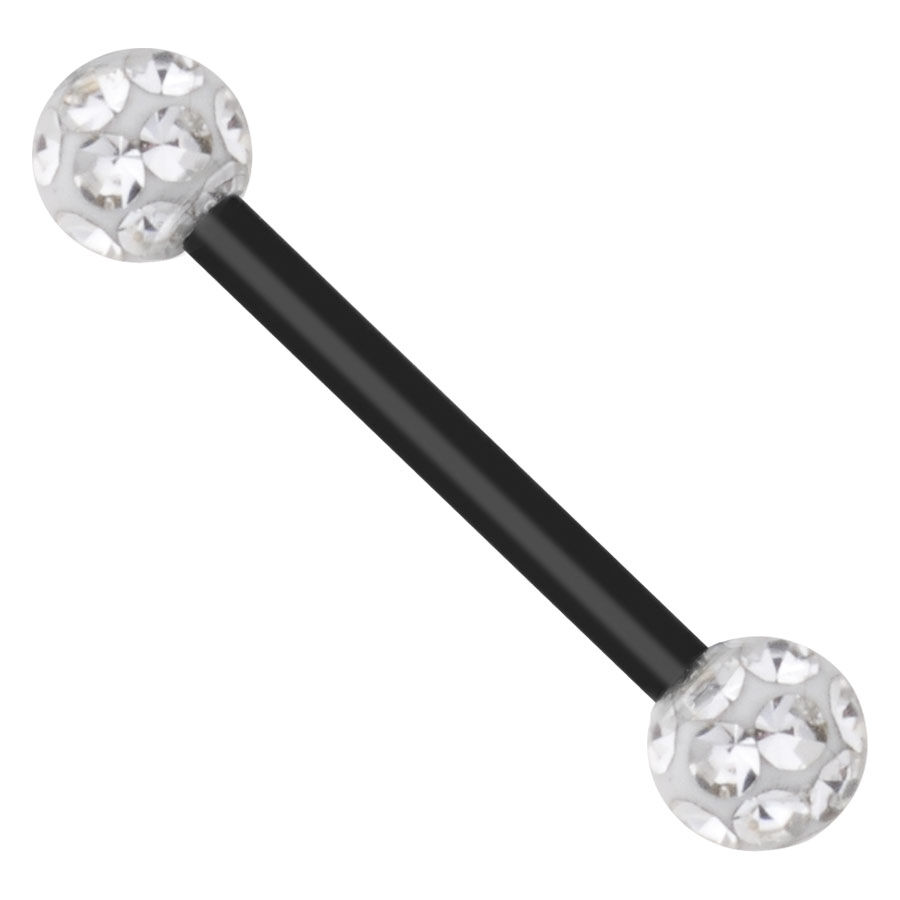 Piercing nero con sfere di cristallo Barra nera con due sfere incastonate di cristallo su sfondo bianco