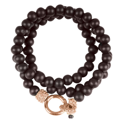 Bracciale unisex con perle di ebano nero e chiusura dorata su sfondo bianco