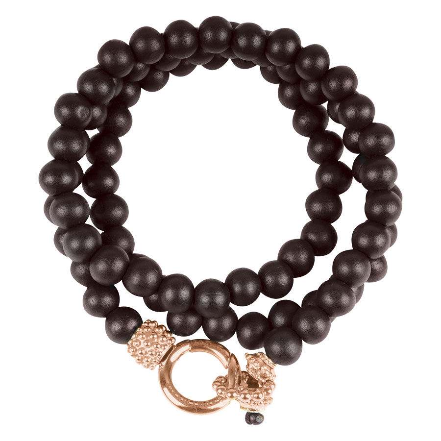 Bracciale unisex con perle di ebano nero e chiusura dorata su sfondo bianco