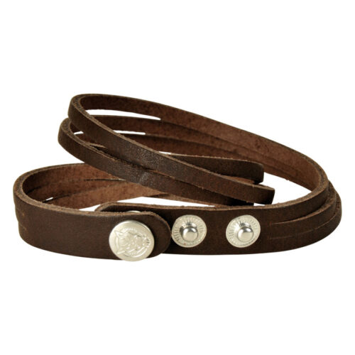 Braccialetto in pelle marrone scuro con bottoni a pressione, disteso