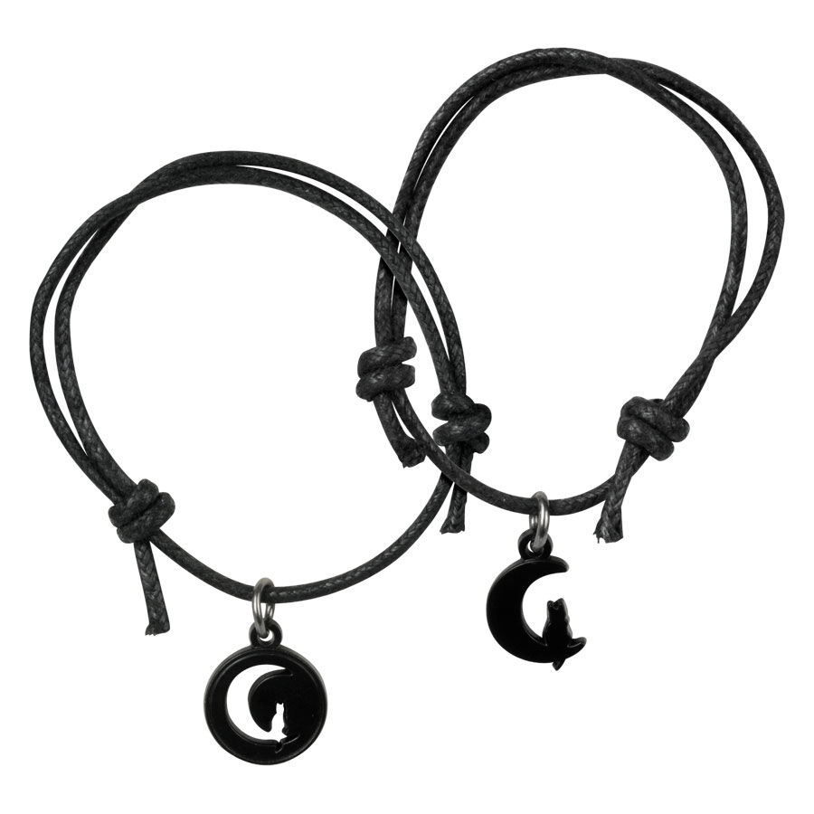 Braccialetti dell'amicizia Gatto Nero della Luna Due braccialetti in ecopelle nera con ciondoli a forma di gatto della luna su sfondo bianco