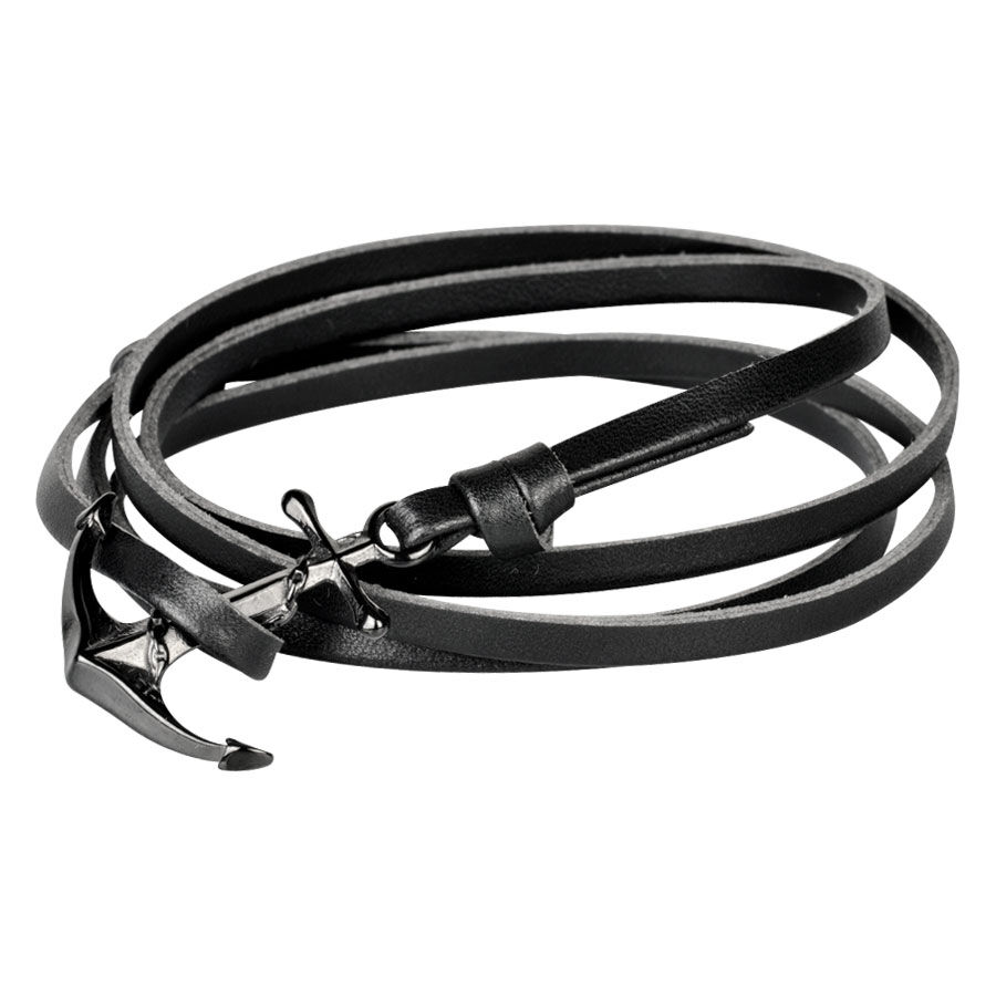 Bracciale in pelle nera con ancora in acciaio chirurgico su sfondo bianco