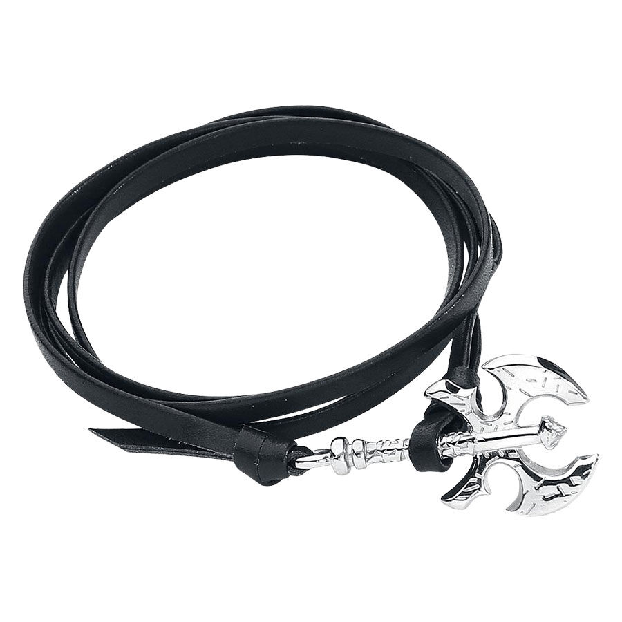Wildcat braccialetto in pelle con ciondolo a forma di ascia Braccialetto in pelle nera con ciondolo a forma di ascia in argento su sfondo bianco