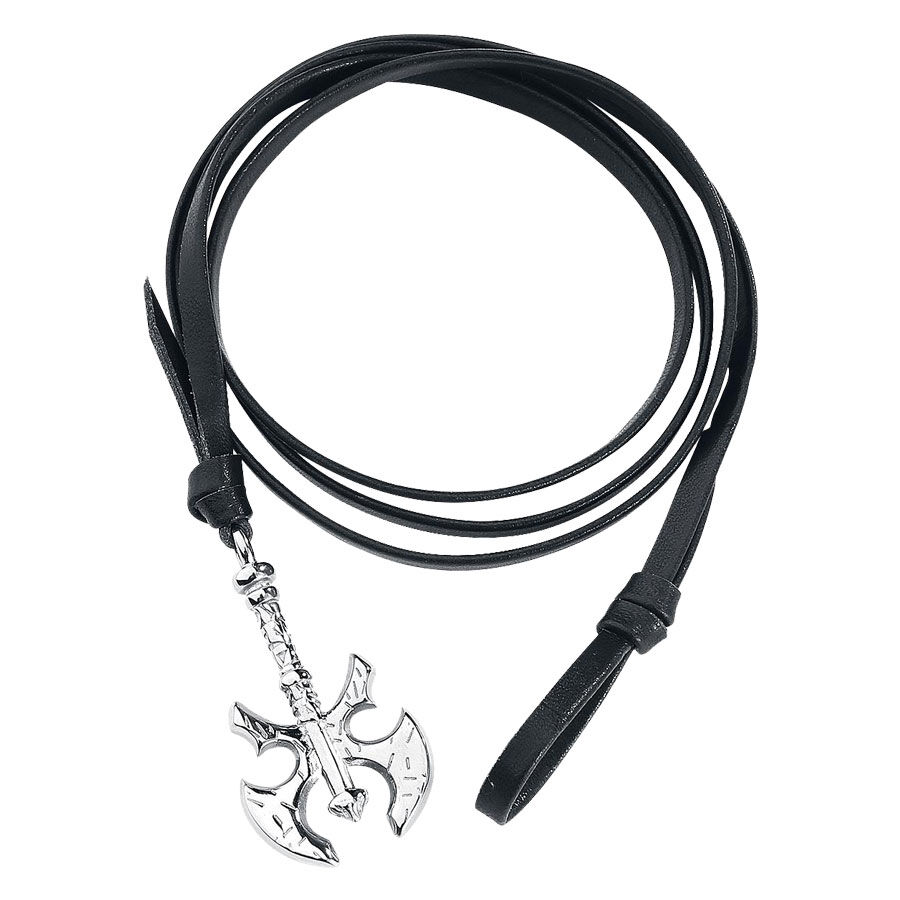 Wildcat braccialetto in pelle con ciondolo a forma di ascia Braccialetto in pelle nera con ciondolo a forma di ascia in argento su sfondo bianco