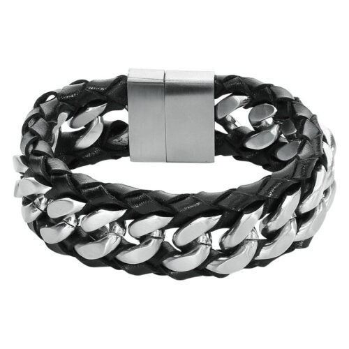 Bracciale in pelle nera con catene in acciaio inox argentate e chiusura magnetica su sfondo bianco
