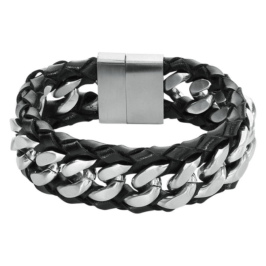 Wildcat Rock Basic Bracciale in Pelle Bracciale in pelle nera con catene in acciaio inox argentate e chiusura magnetica su sfondo bianco