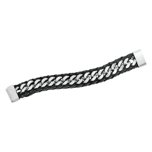 Bracciale in pelle nera con elementi a catena in acciaio inox su sfondo bianco