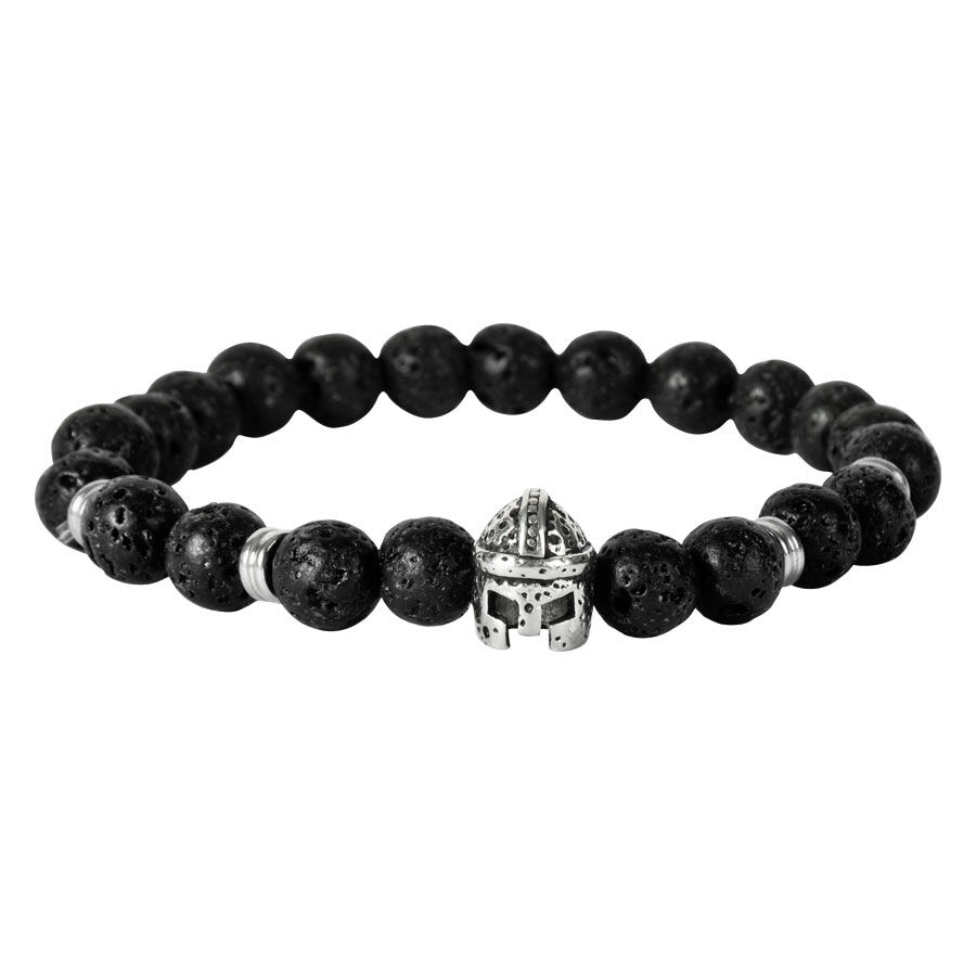 Bracciale con perle di lava nere e elmo vichingo in argento su sfondo bianco