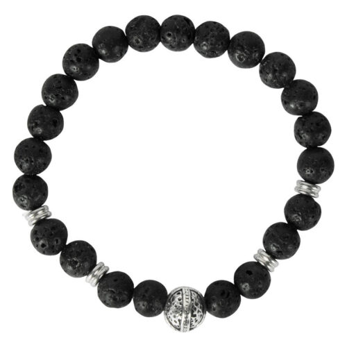 Bracciale nero con perle di pietra rotonde e elemento elmo argento su sfondo bianco