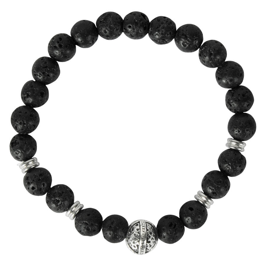 Bracciale nero con perle di pietra rotonde e elemento elmo argento su sfondo bianco