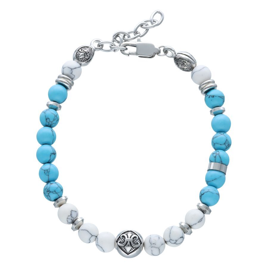 Bracciale Bohemian Lily in finta pelle Bracciale Bohemian Lily con perline blu e bianche su sfondo bianco