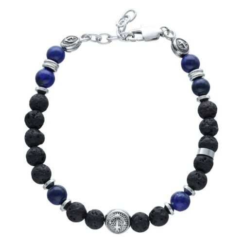 Braccialetto nero e blu con ancora e perle di lava su sfondo bianco