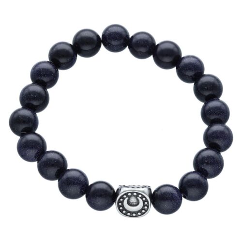Braccialetto unisex Moonshine con perle blu scuro e dettaglio argento su sfondo bianco