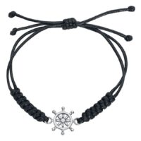 Braccialetto Nero Sailor Knot con Timone Braccialetto in nylon nero con timone argentato su sfondo bianco