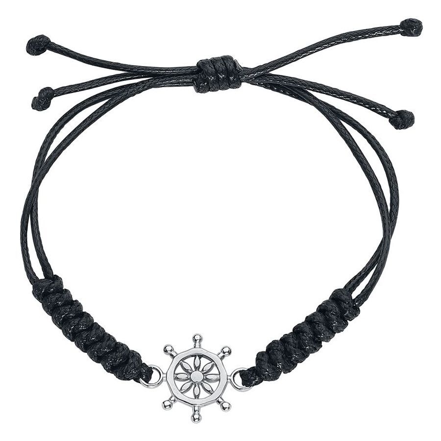 Braccialetto Nero Sailor Knot con Timone Braccialetto in nylon nero con timone argentato su sfondo bianco