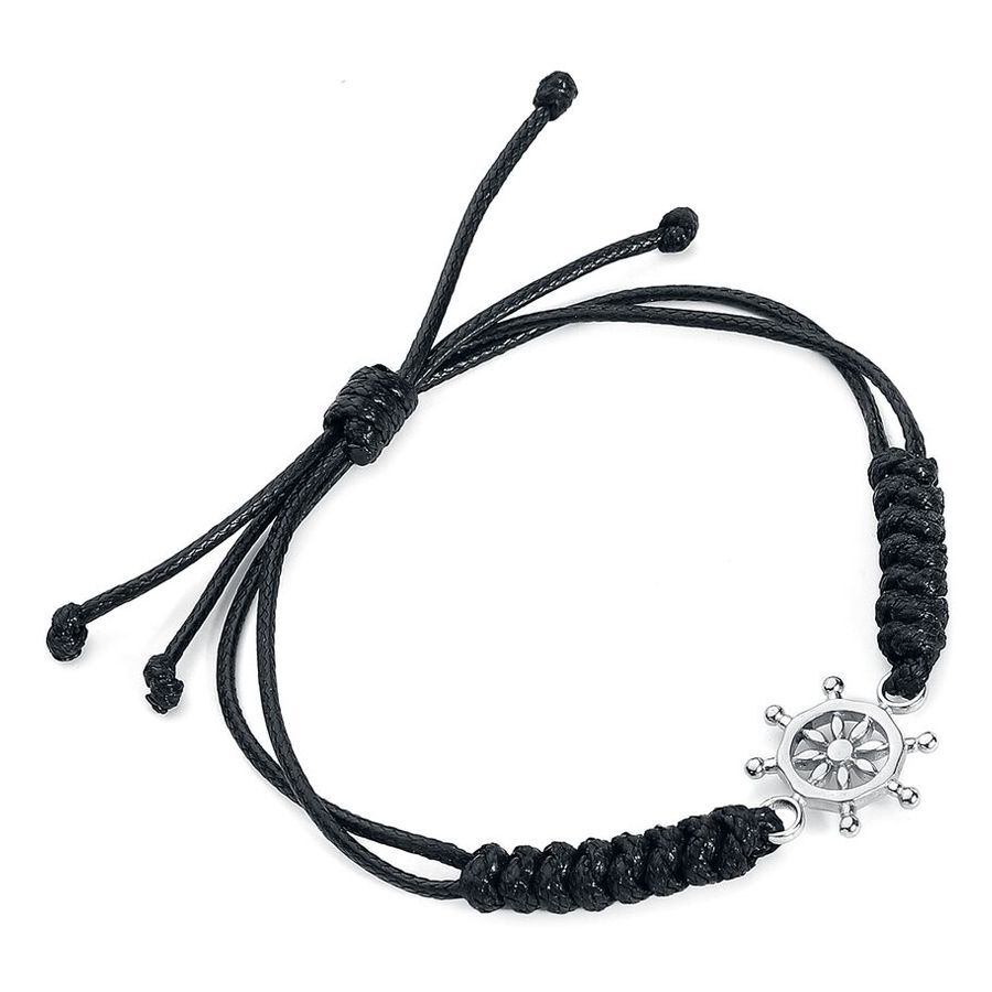 Bracciale Nero Sailor Knot con Ciondolo in Argento Bracciale in nylon nero con nodo marinaio e ciondolo a forma di timone d'argento su sfondo bianco